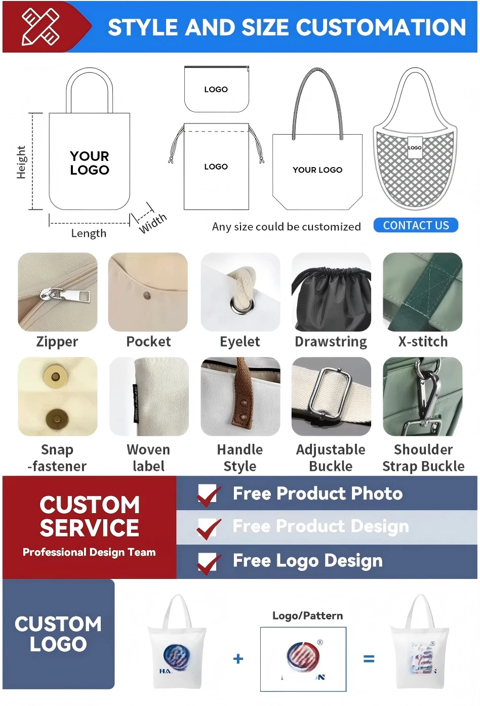 OEM ODM Custom Printed Canvas Tote Bag, Recycled Organic Cotton Material, Large Reusable Cotton Shopping Bag with Custom Logo