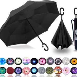 oversize windproof inverted reverse upside down umbrella, golf size rain umbrella, double layer, c shaped handle for men, women and kids